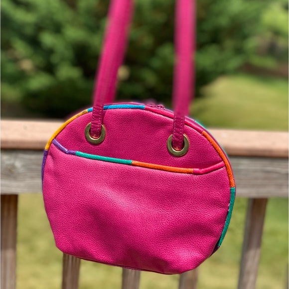 80s Pink Leather Shoulder Bag Handbag Retro with tassels on zipper - Picture 13 of 14